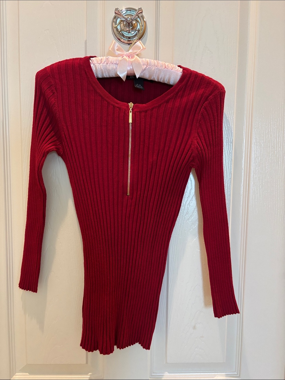 INC International Concepts Ribbed Red Long-Sleeve Knit sweater with Gold Zip